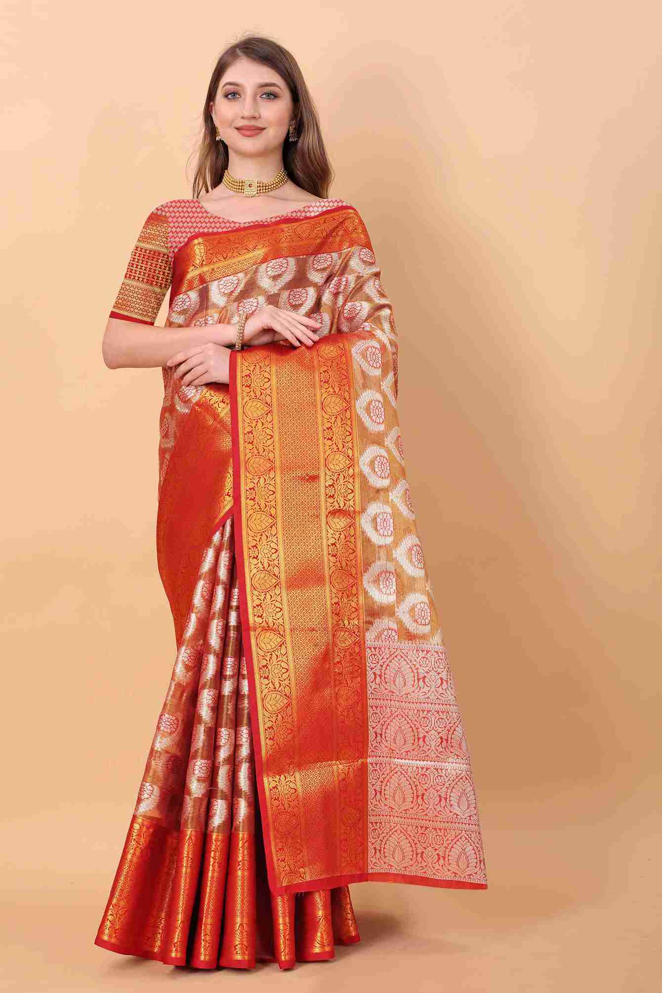 Red Soft Organza Silk Saree  With Rich golden Zari Wooven  Pallu  Zari weawing