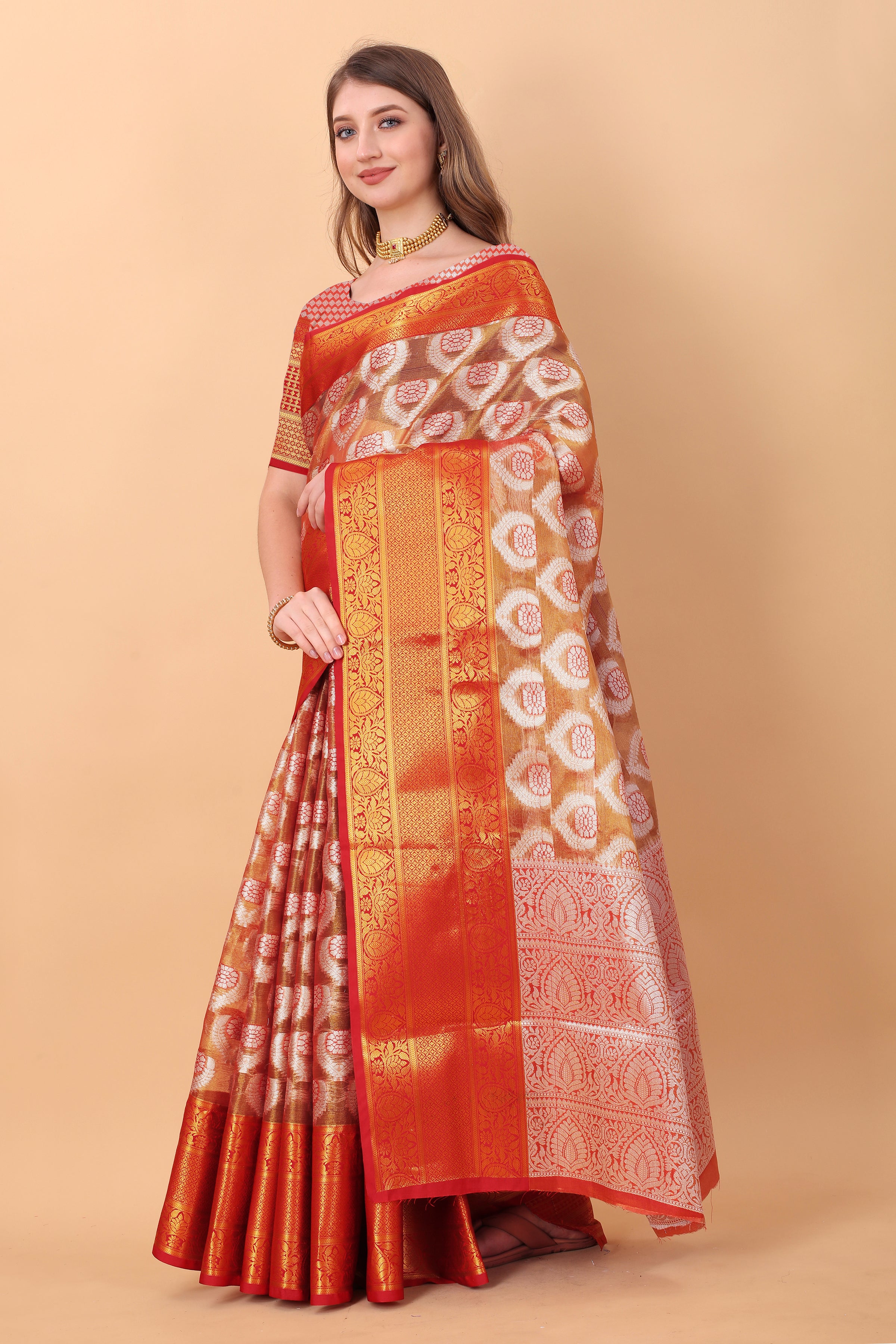 Red Soft Organza Silk Saree  With Rich golden Zari Wooven  Pallu  Zari weawing