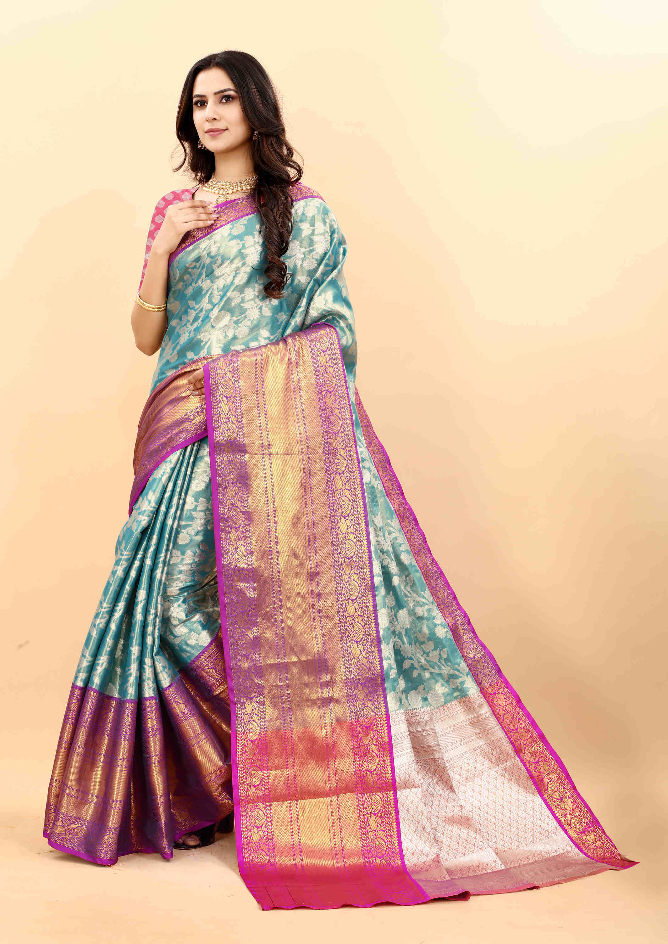 Sky Blue Soft kanjivarm Silk Saree Zari Wooven  Pallu Zari weawing With Blouse Piece