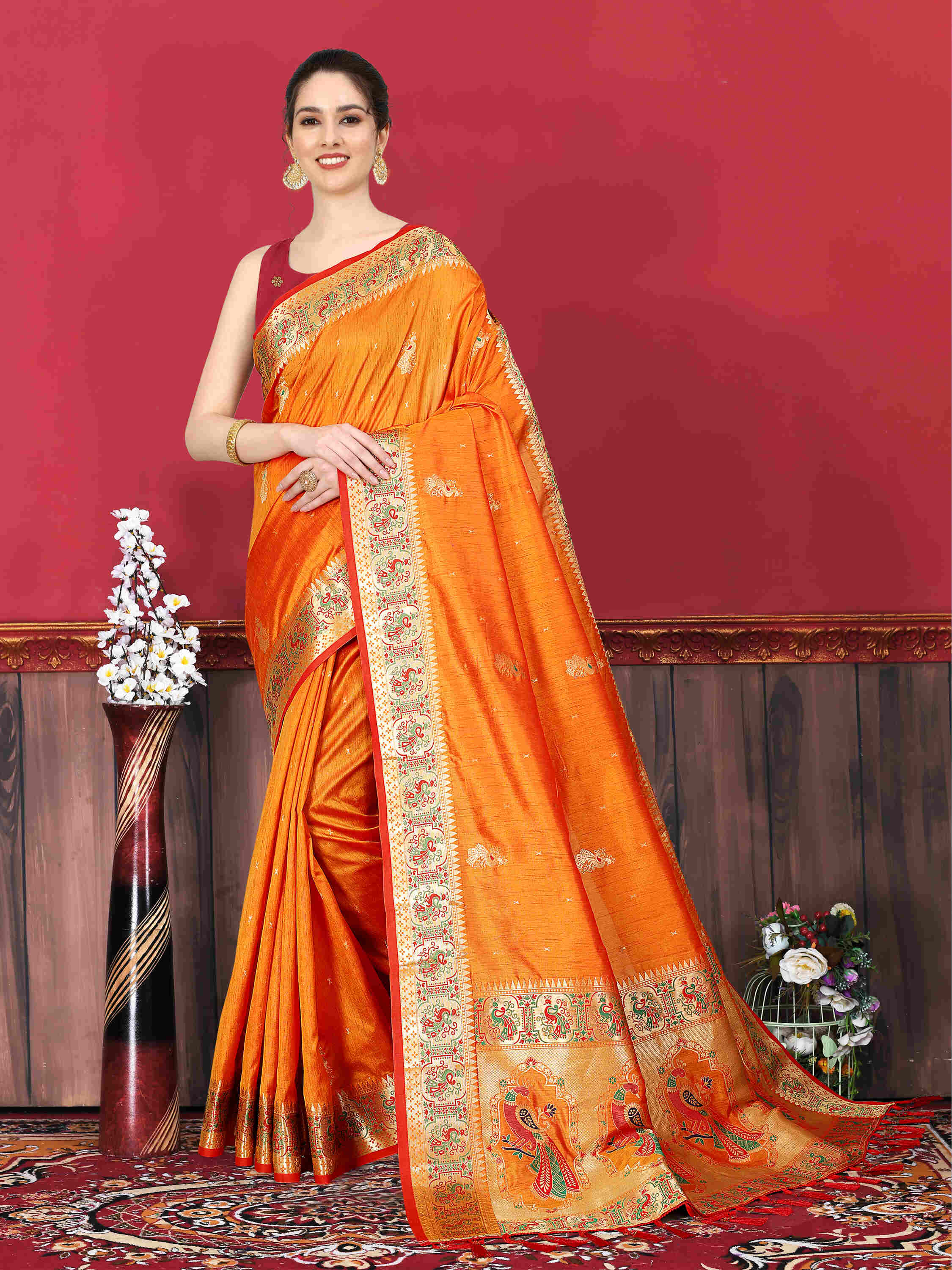 Orange Soft pethani  Silk Saree  With Rich golden Zari Wooven  Pallu  Zari weawing