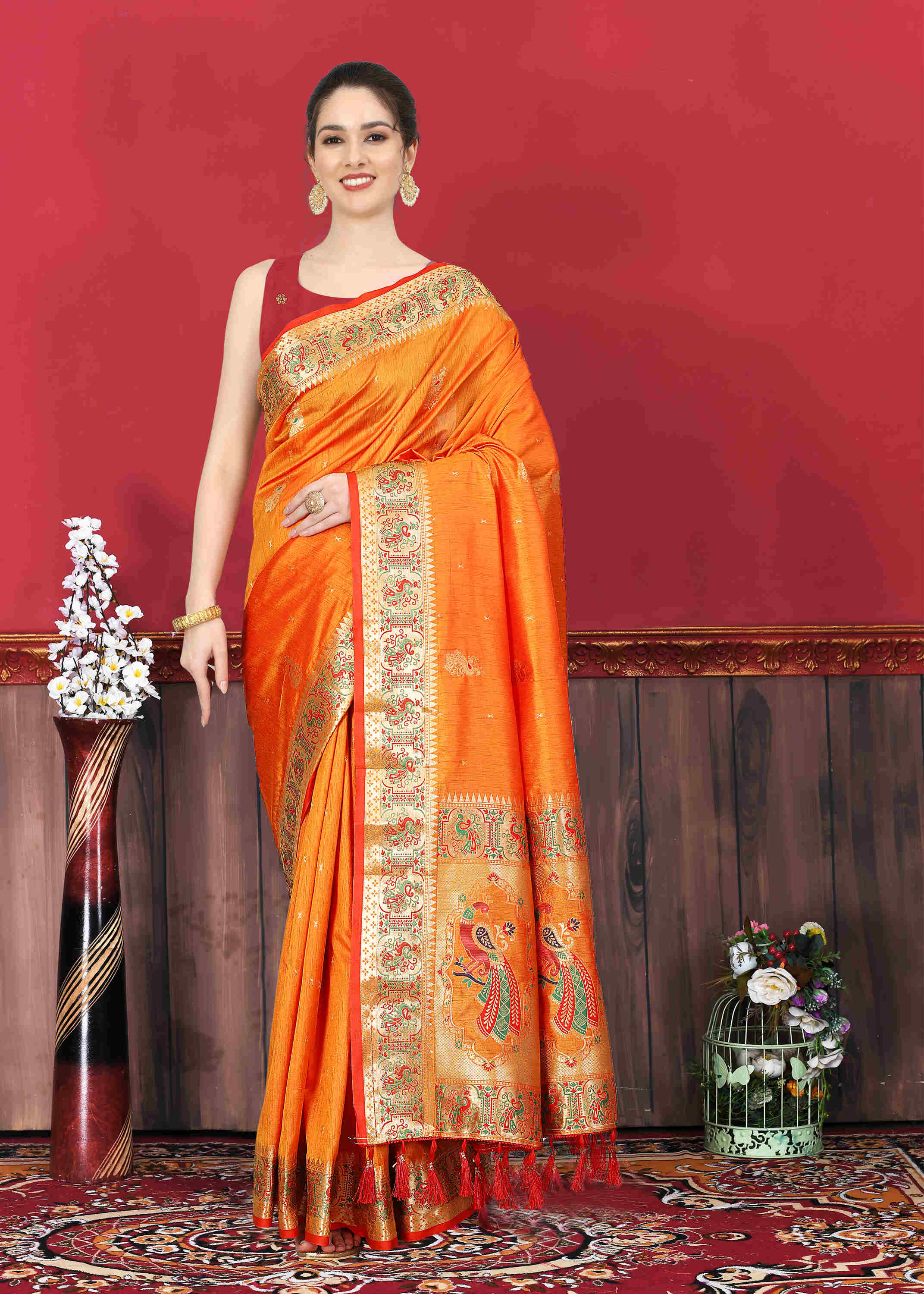 Orange Soft pethani  Silk Saree  With Rich golden Zari Wooven  Pallu  Zari weawing