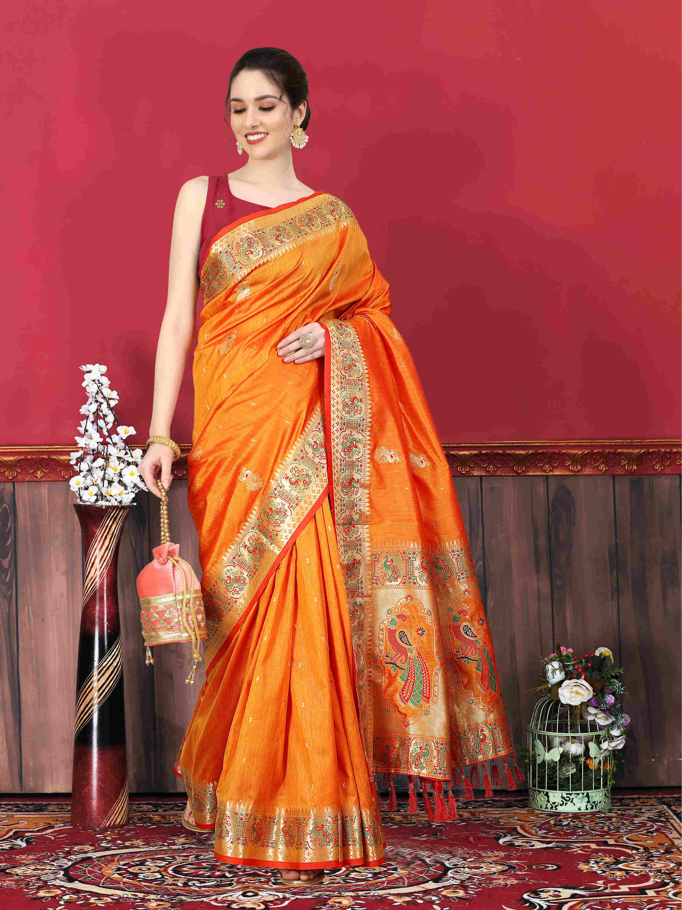 Orange Soft pethani  Silk Saree  With Rich golden Zari Wooven  Pallu  Zari weawing