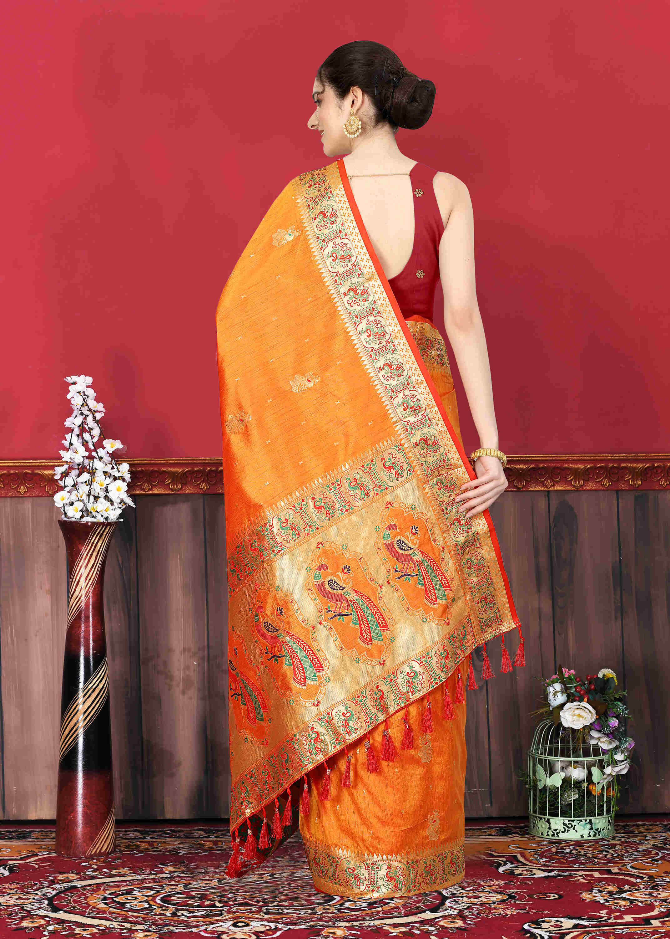 Orange Soft pethani  Silk Saree  With Rich golden Zari Wooven  Pallu  Zari weawing