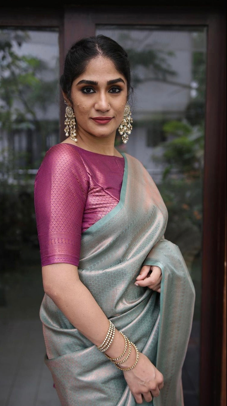 Sea Green Soft Silk Saree with Super classy Blouse Piece