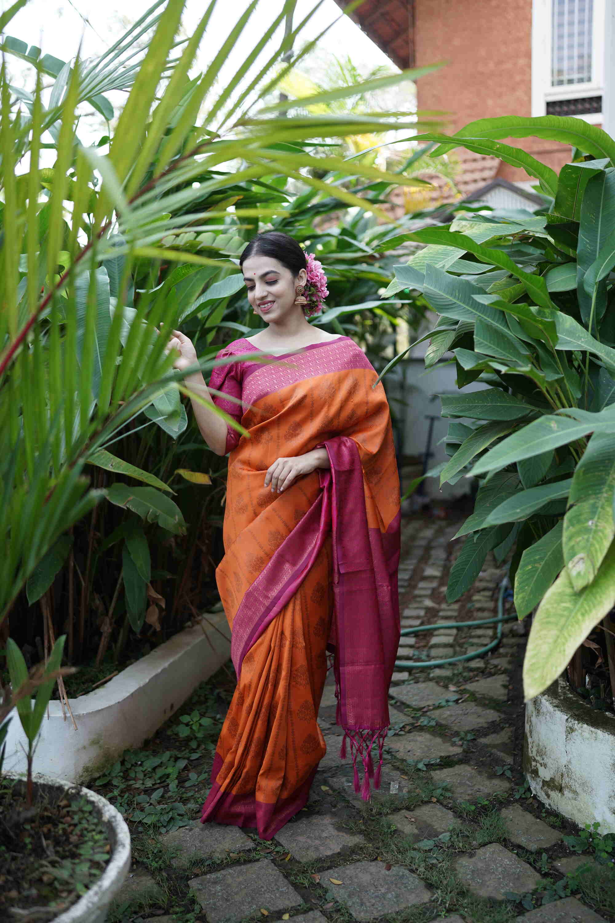 Orange Soft Banarasi Silk Saree With Girlish Blouse Piece