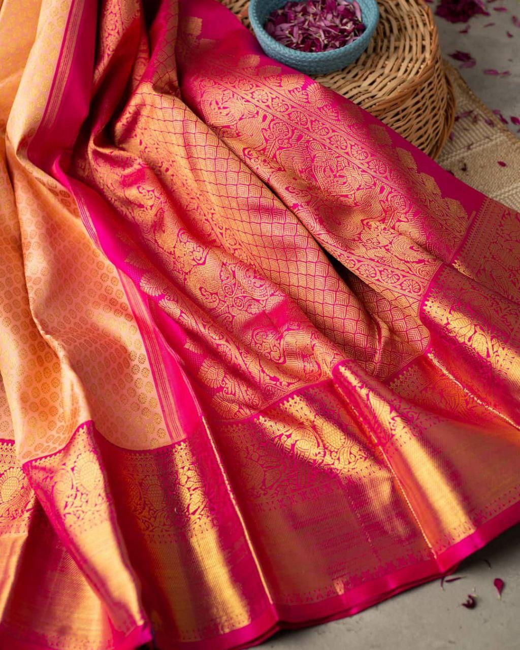 Peach Soft Banarasi Silk Saree With Blouse Piece