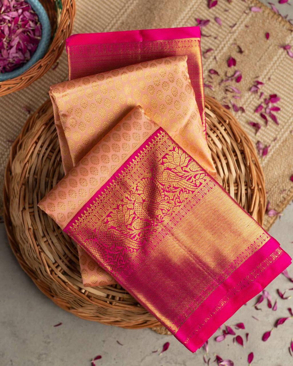 Peach Soft Banarasi Silk Saree With Blouse Piece