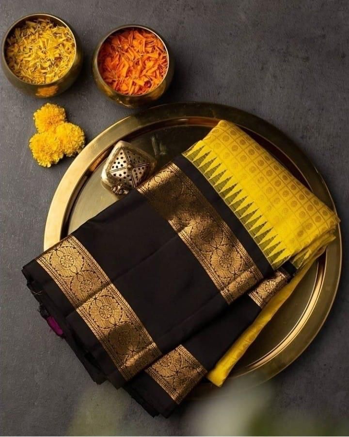 Yellow Soft Banarasi Silk Saree With black Blouse Piece