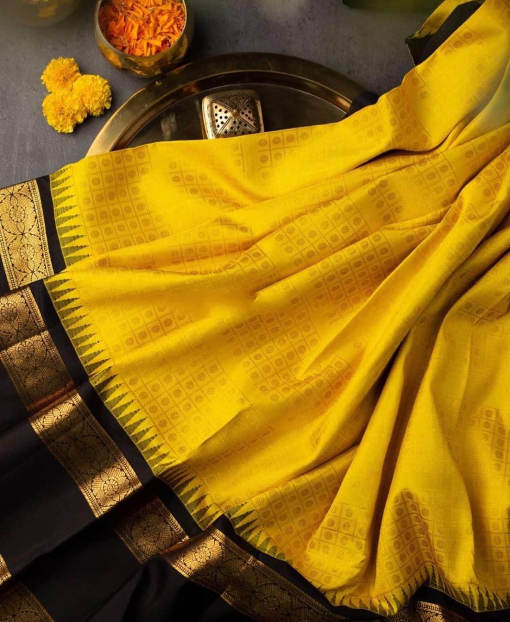 Yellow Soft Banarasi Silk Saree With black Blouse Piece