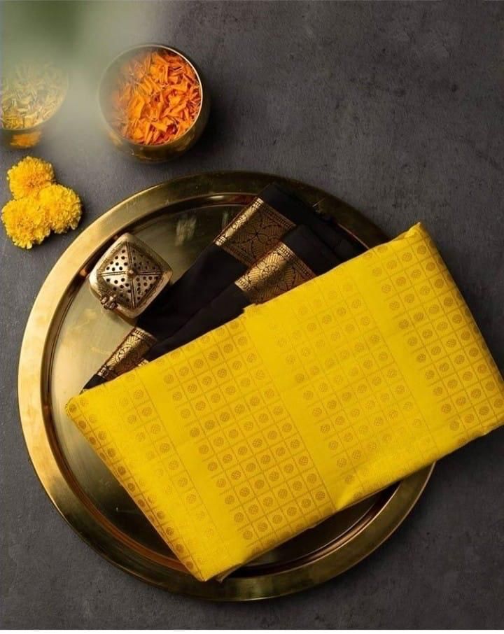 Yellow Soft Banarasi Silk Saree With black Blouse Piece