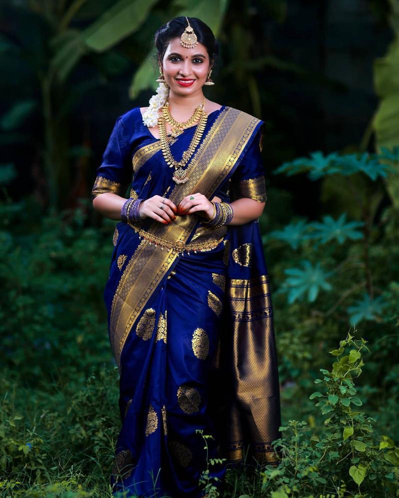 Blue Soft Banarasi Silk Saree With Blouse Piece