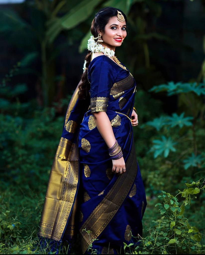 Blue Soft Banarasi Silk Saree With Blouse Piece