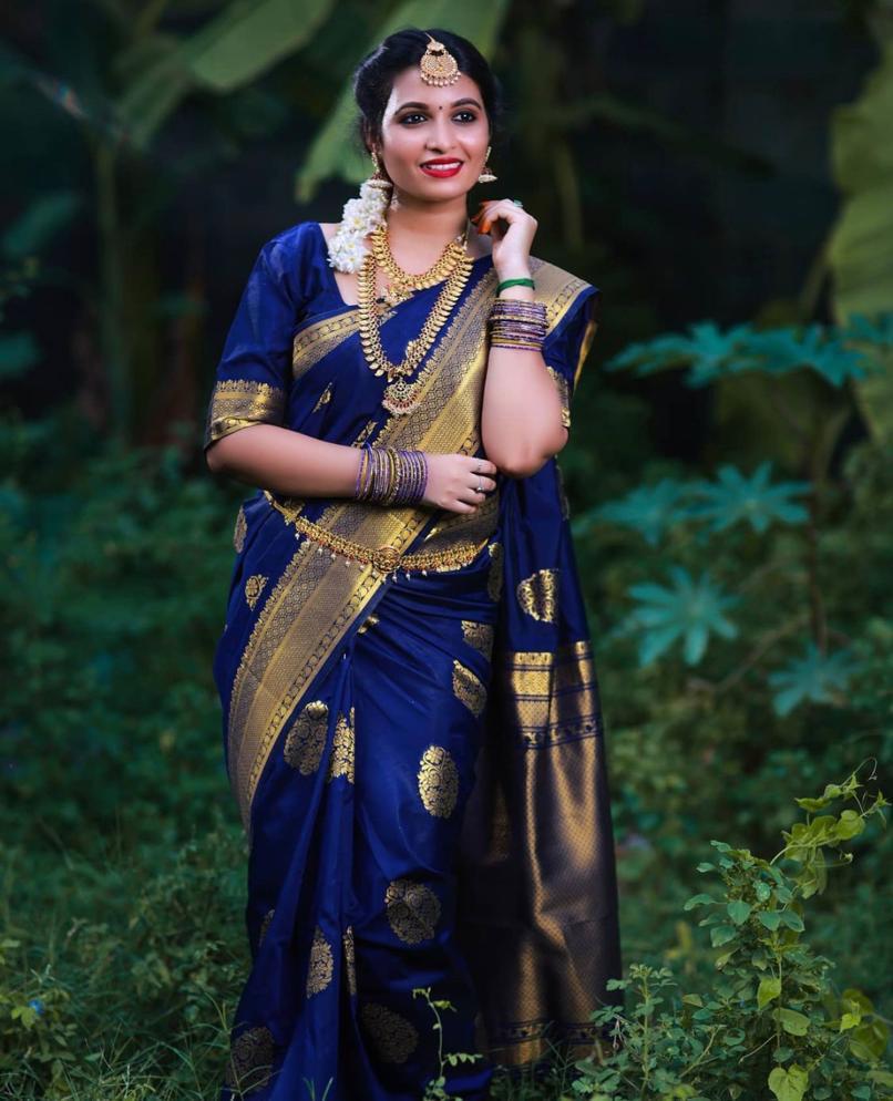 Blue Soft Banarasi Silk Saree With Blouse Piece