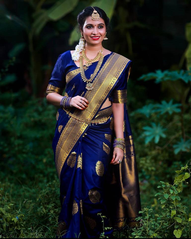 Blue Soft Banarasi Silk Saree With Blouse Piece