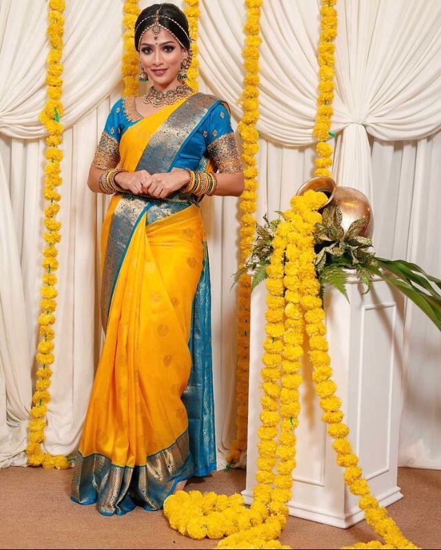 Yellow Soft Banarasi Silk Saree With Blouse Piece