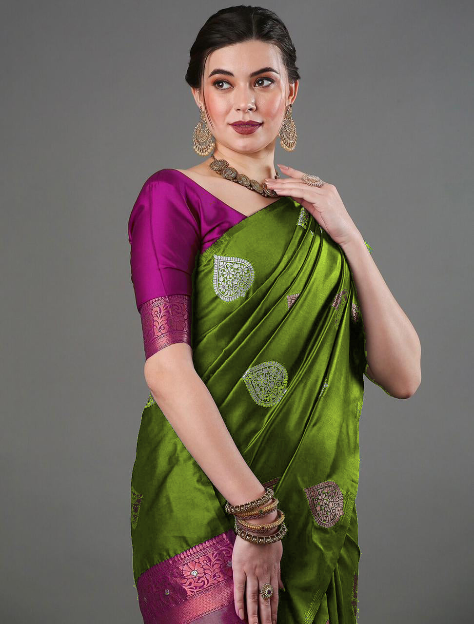 Mahndi Soft Silk Saree With Gossamer Blouse Piece