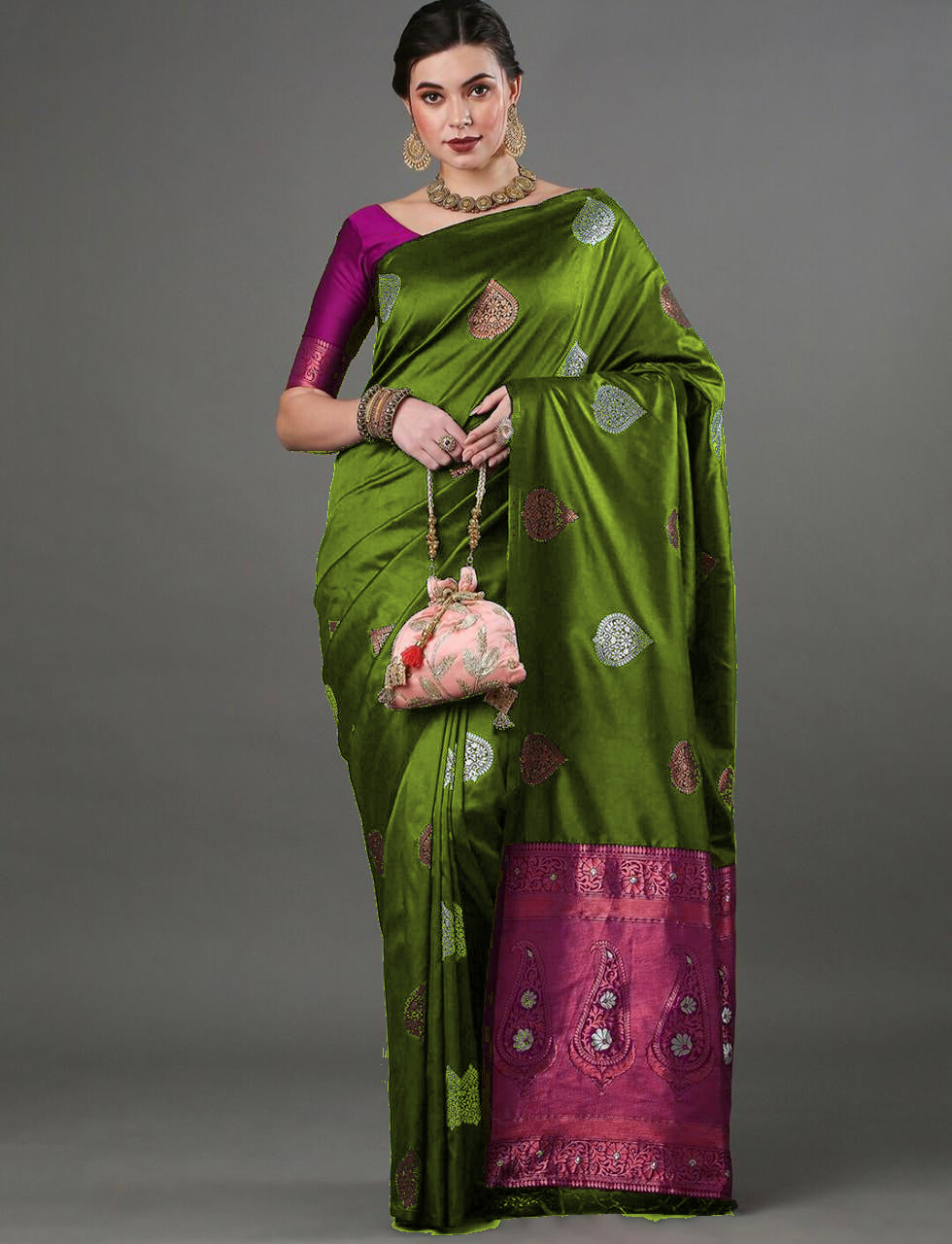 Mahndi Soft Silk Saree With Gossamer Blouse Piece