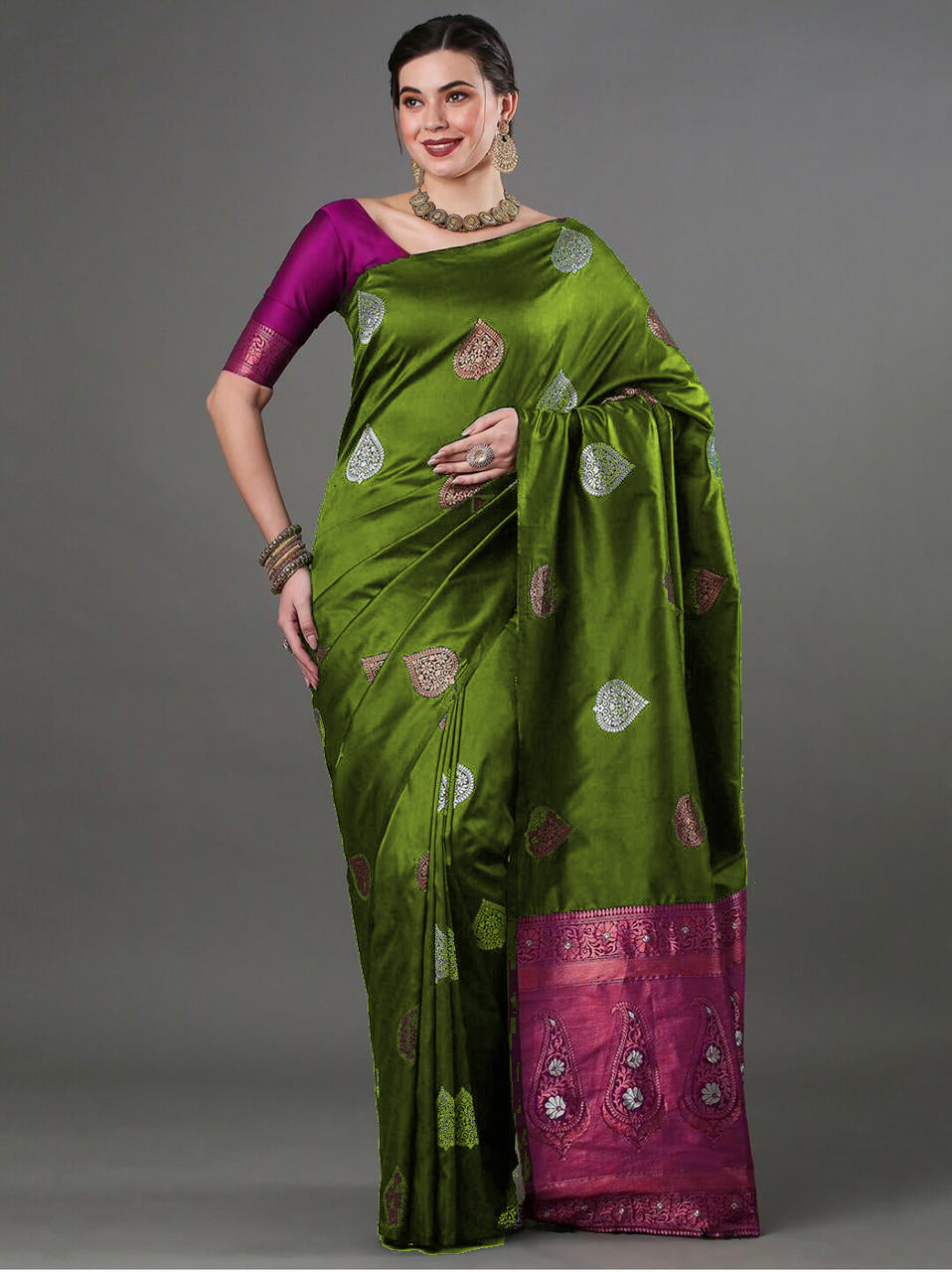 Mahndi Soft Silk Saree With Gossamer Blouse Piece