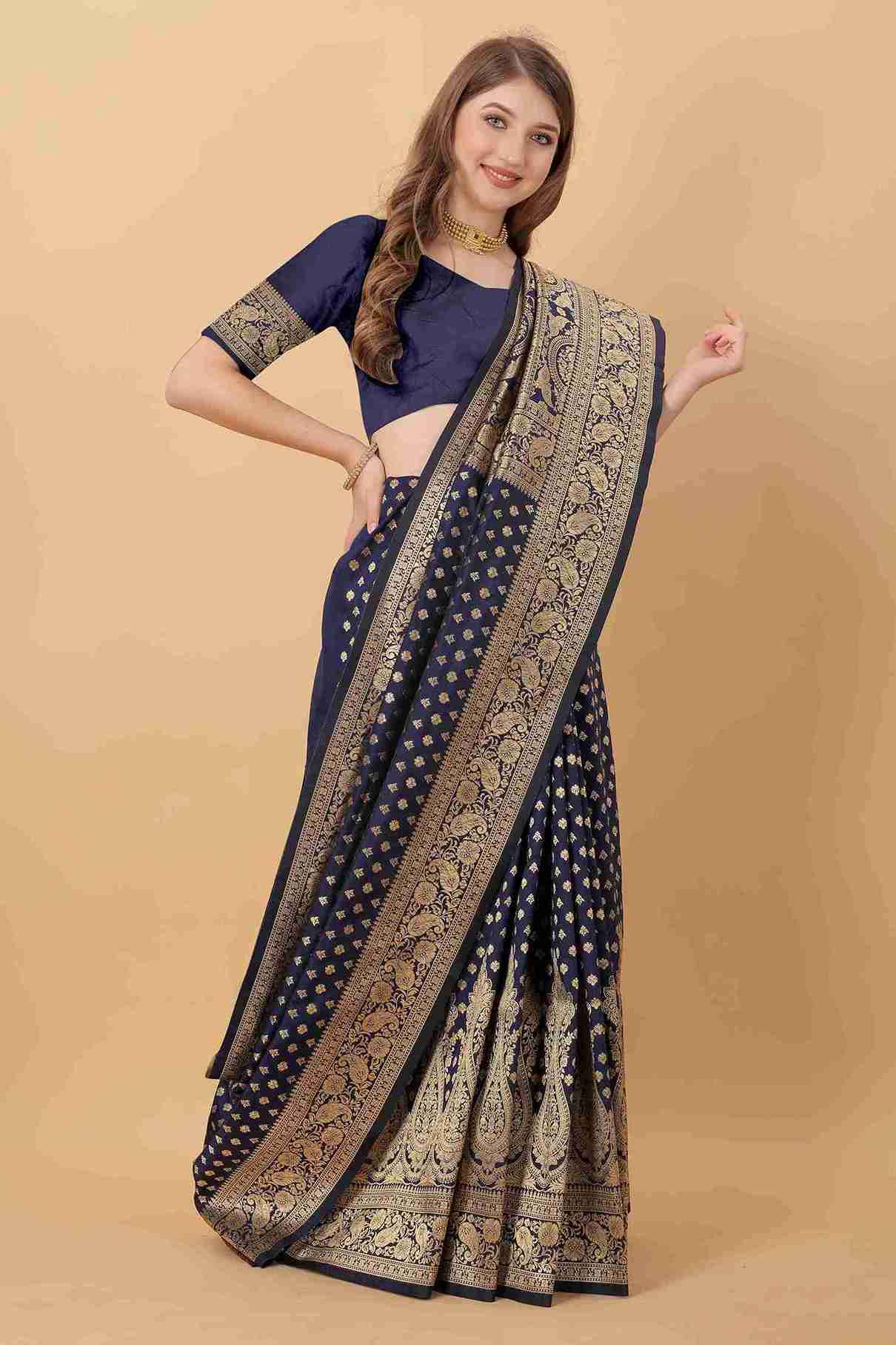 Navy blue Soft kanjivarm Silk Saree Zari Wooven  Pallu Zari weawing With Blouse Piece