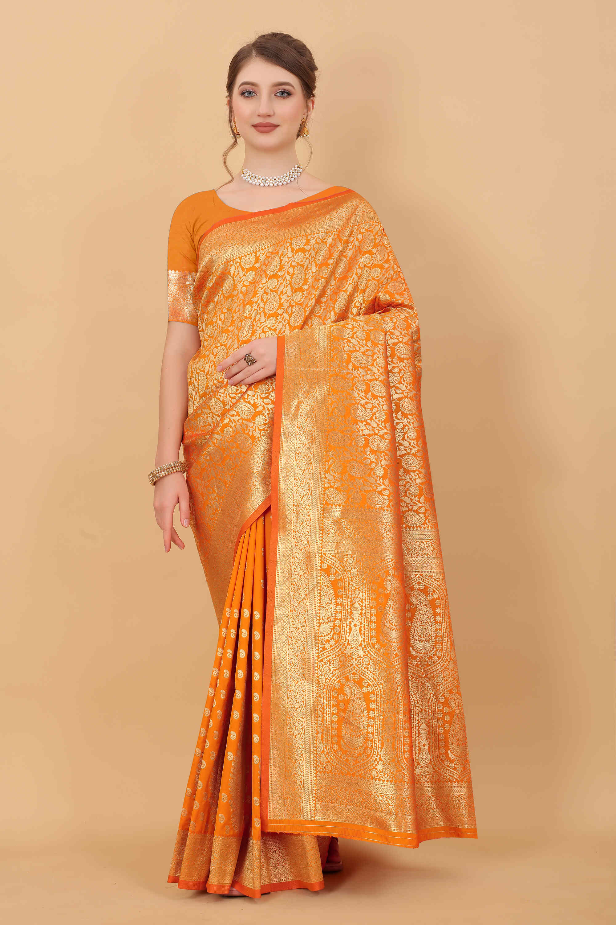 Orange Soft kanjivarm Silk Saree Zari Wooven  Pallu Zari weawing With Blouse Piece