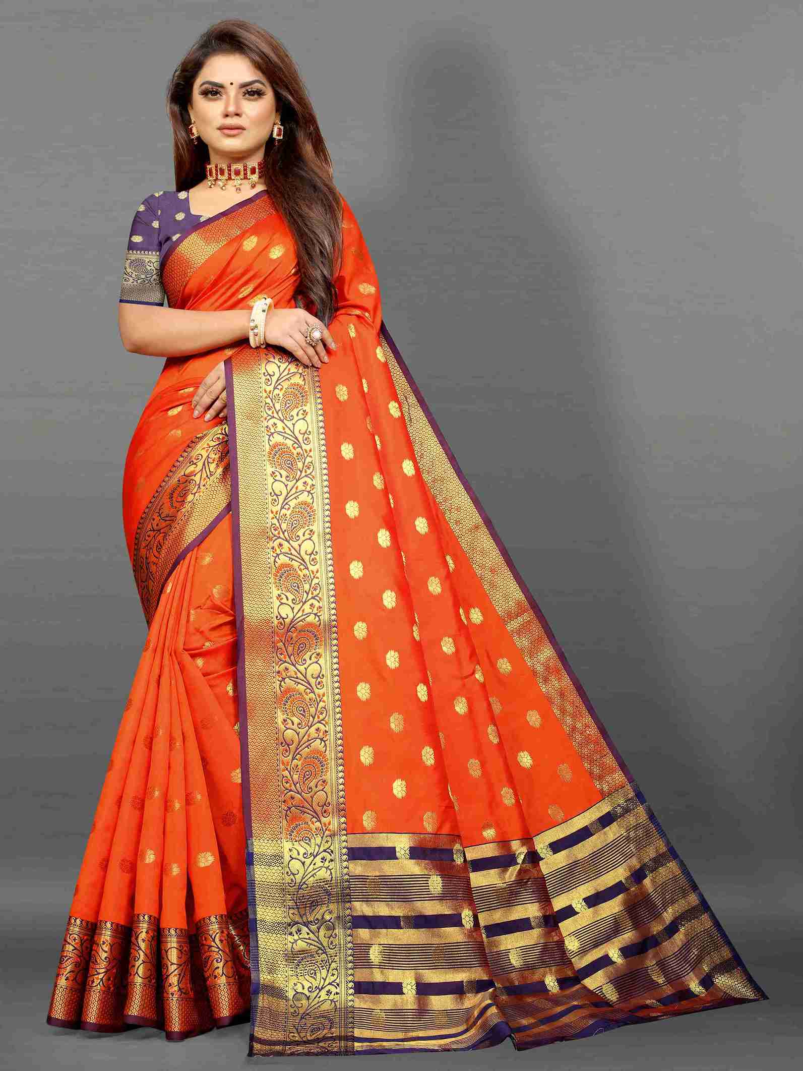 Orange Soft Cototn Silk Saree  Zari Wooven  Pallu  Zari weawing With Blouse Piece