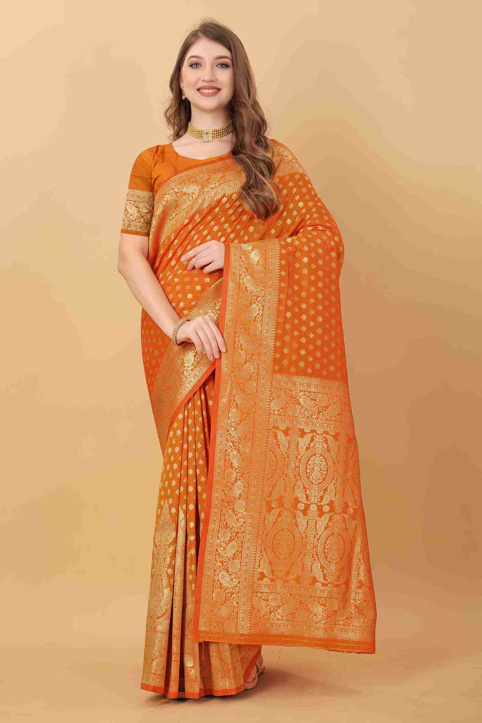 Orange Soft kanjivarm Silk Saree Zari Wooven  Pallu Zari weawing With Blouse Piece