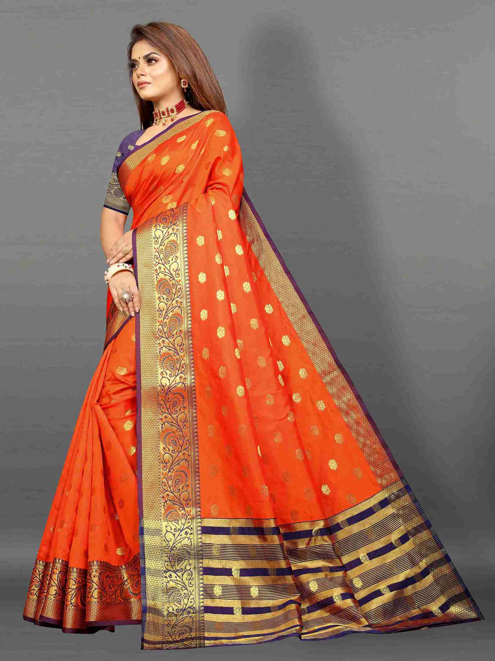 Orange Soft Cototn Silk Saree  Zari Wooven  Pallu  Zari weawing With Blouse Piece