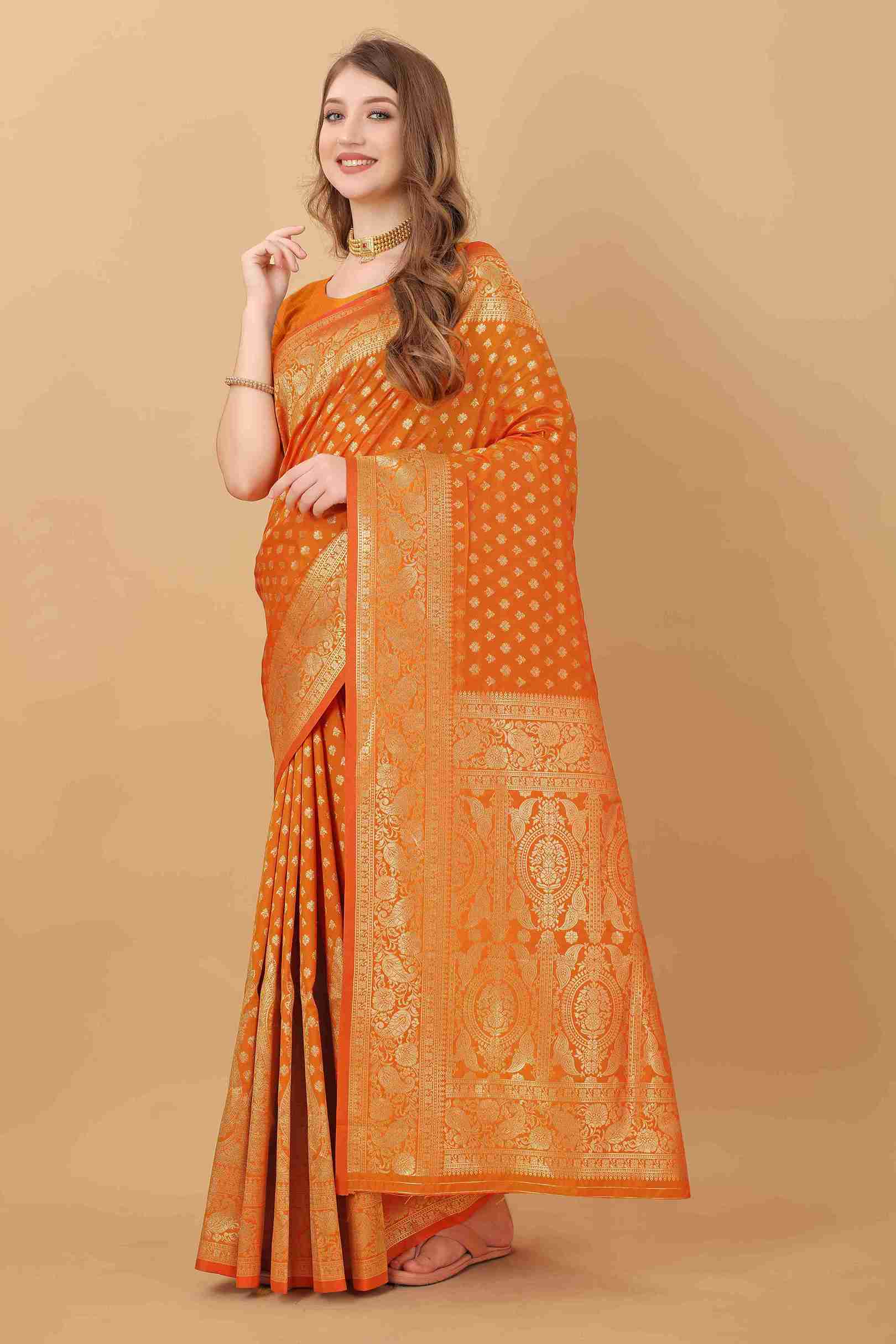 Orange Soft kanjivarm Silk Saree Zari Wooven  Pallu Zari weawing With Blouse Piece