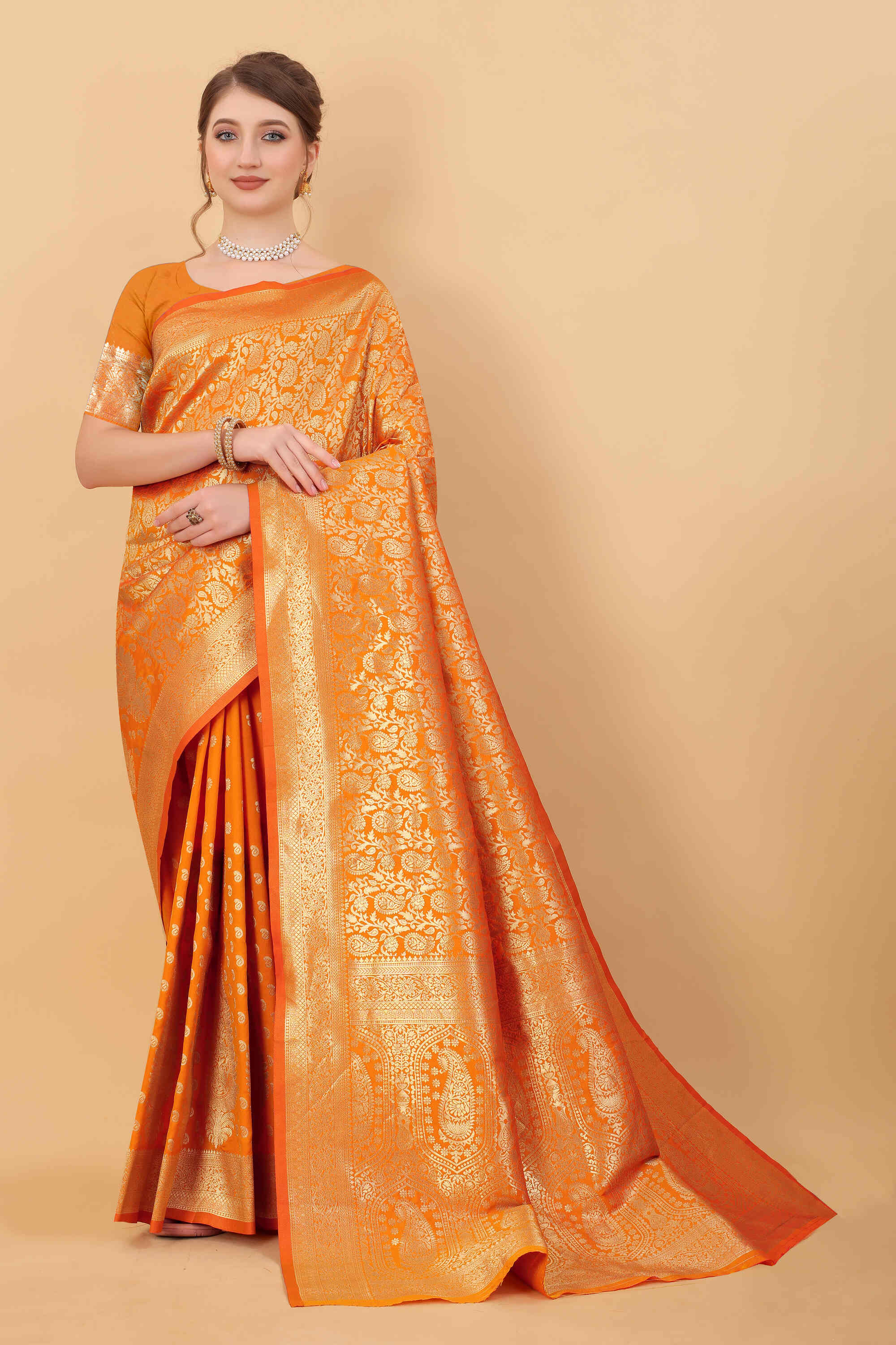 Orange Soft kanjivarm Silk Saree Zari Wooven  Pallu Zari weawing With Blouse Piece