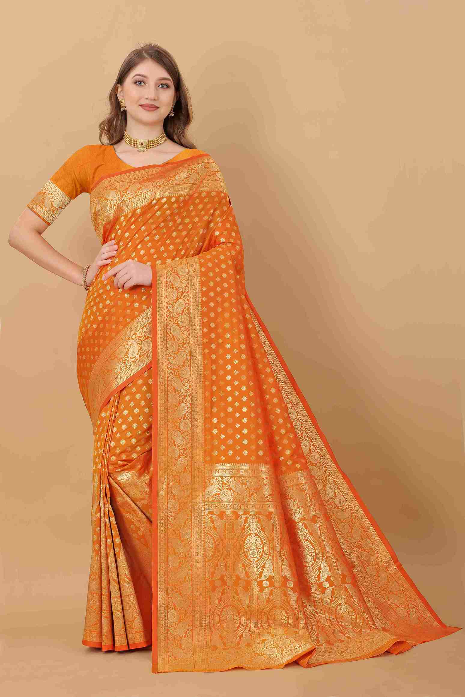 Orange Soft kanjivarm Silk Saree Zari Wooven  Pallu Zari weawing With Blouse Piece