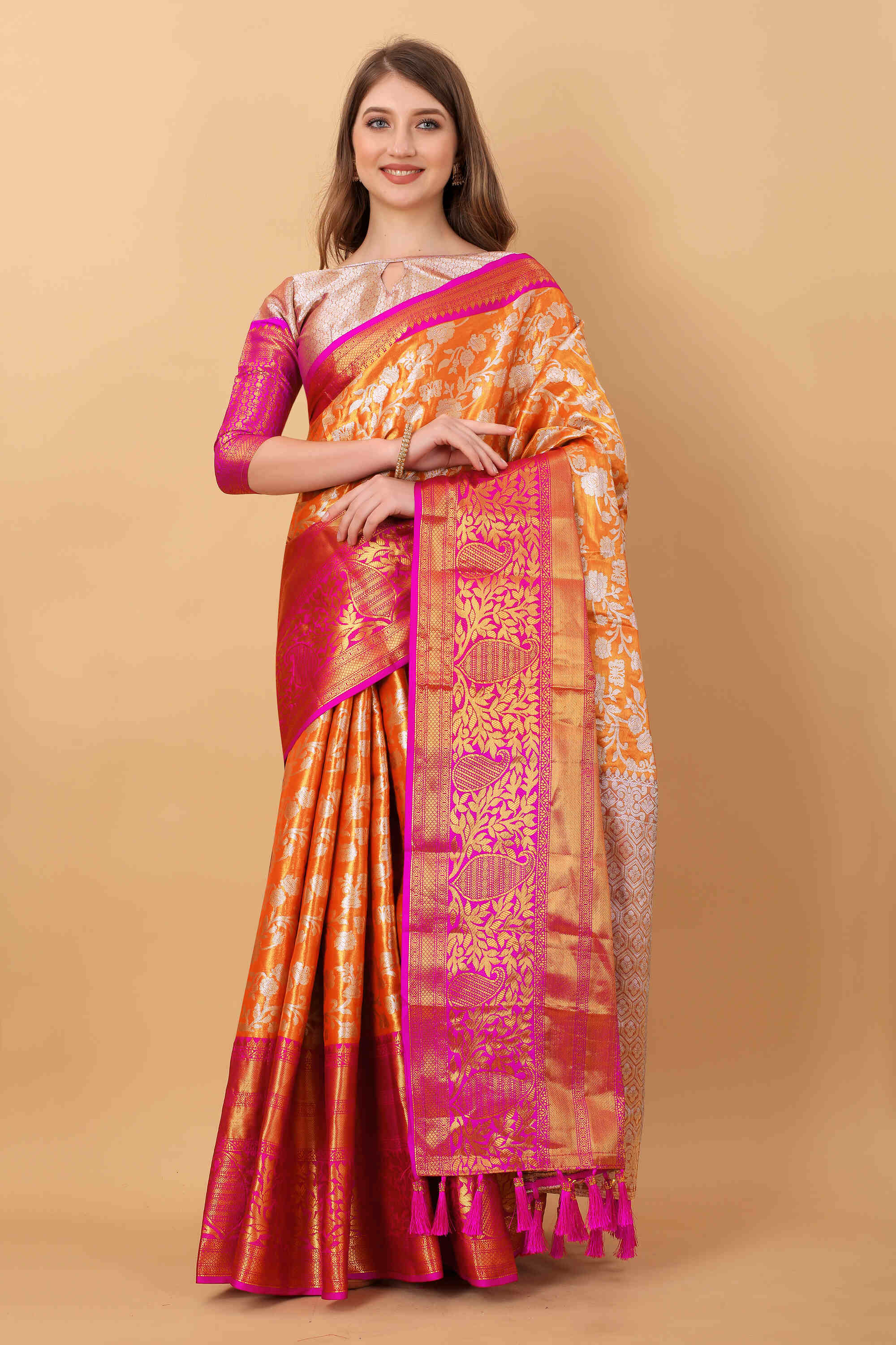 Orange Soft kanjivarm Silk Saree Zari Wooven  Pallu Zari weawing With Blouse Piece