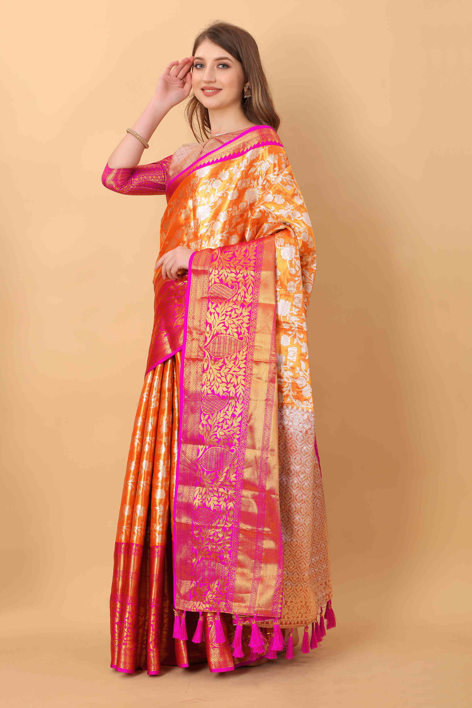 Orange Soft kanjivarm Silk Saree Zari Wooven  Pallu Zari weawing With Blouse Piece