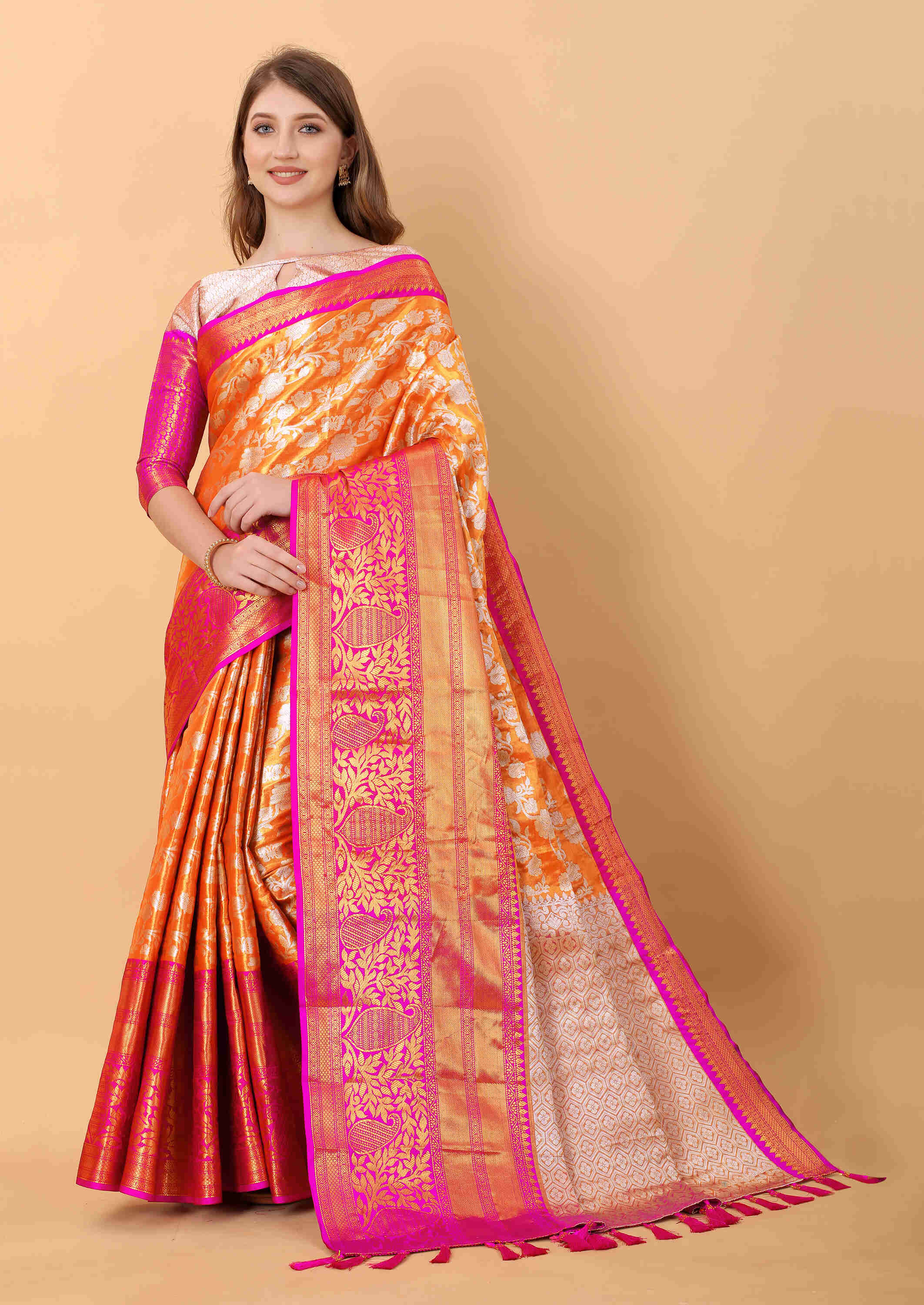 Orange Soft kanjivarm Silk Saree Zari Wooven  Pallu Zari weawing With Blouse Piece