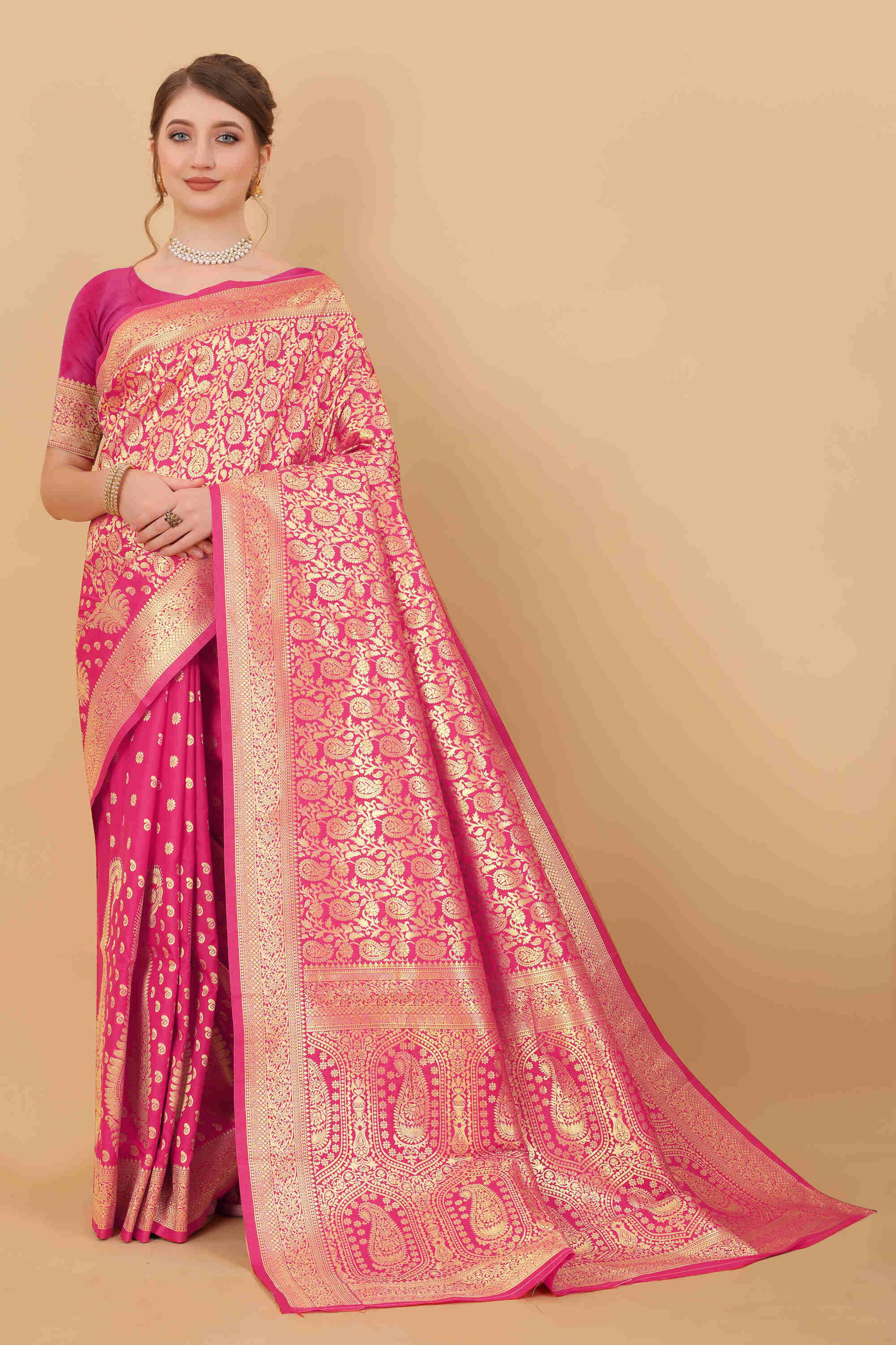 Pink Soft kanjivarm Silk Saree Zari Wooven  Pallu Zari weawing With Blouse Piece