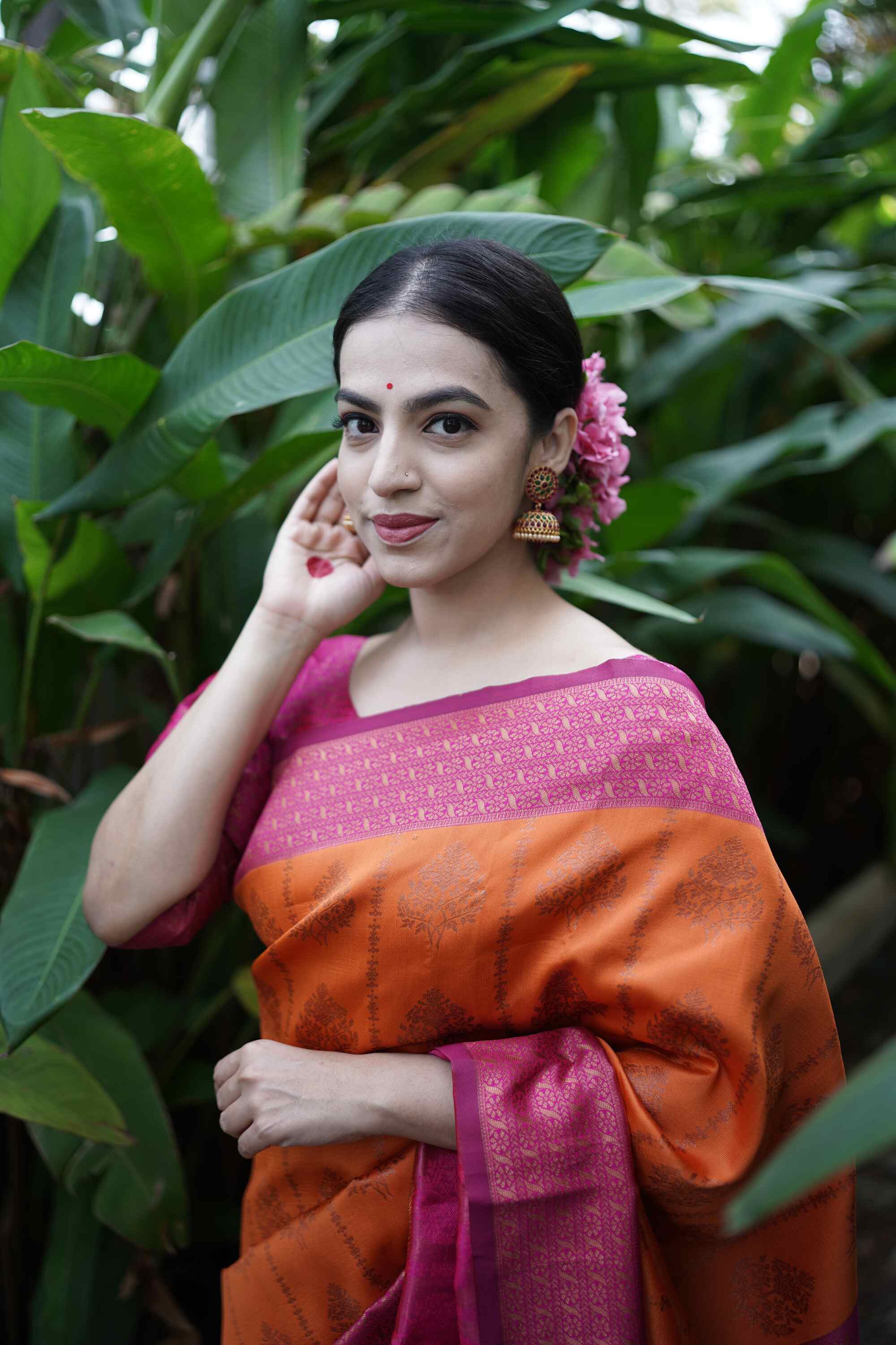 Orange Soft Banarasi Silk Saree With Girlish Blouse Piece