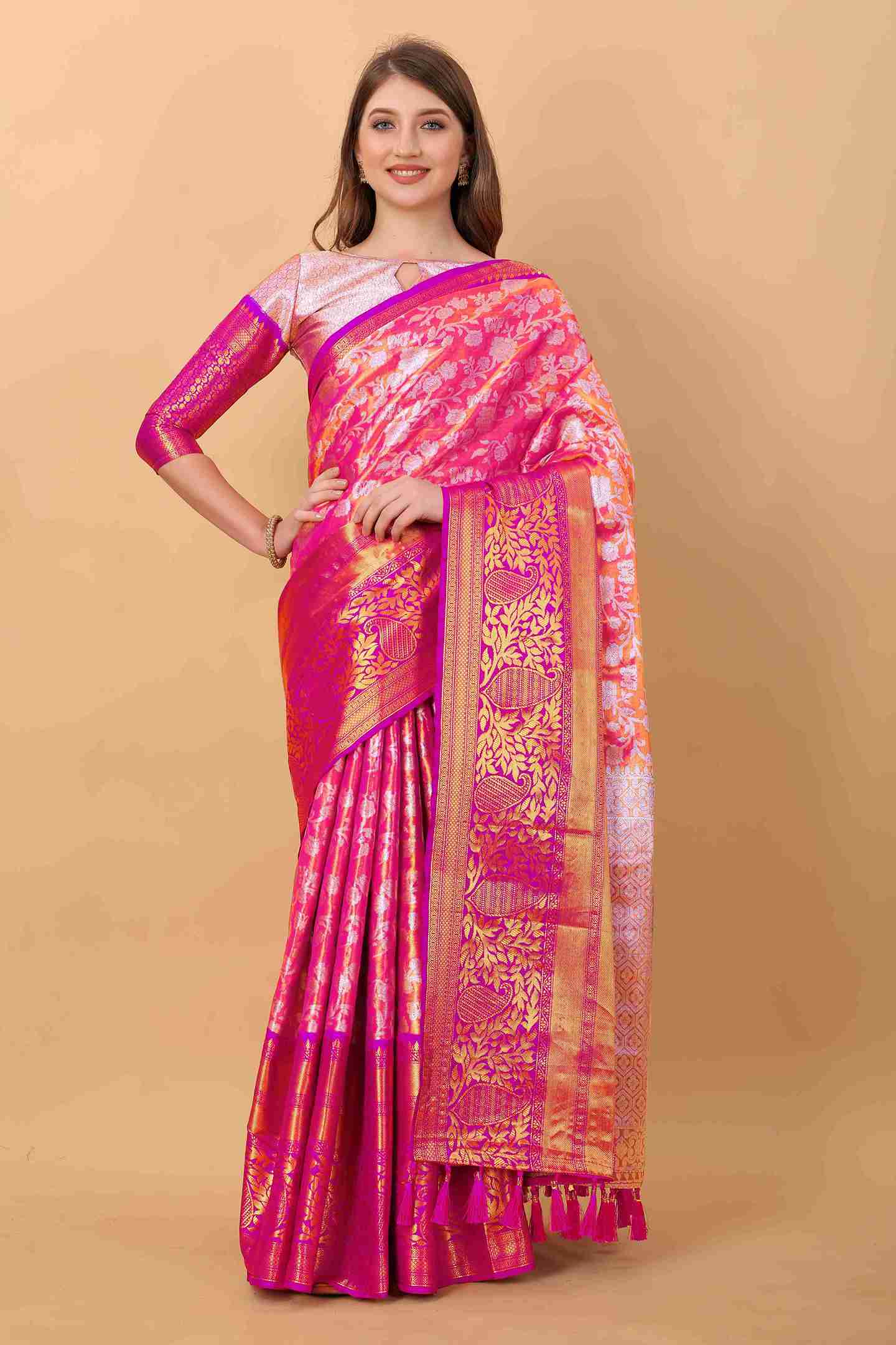 Pink Soft kanjivarm Silk Saree Zari Wooven  Pallu Zari weawing With Blouse Piece