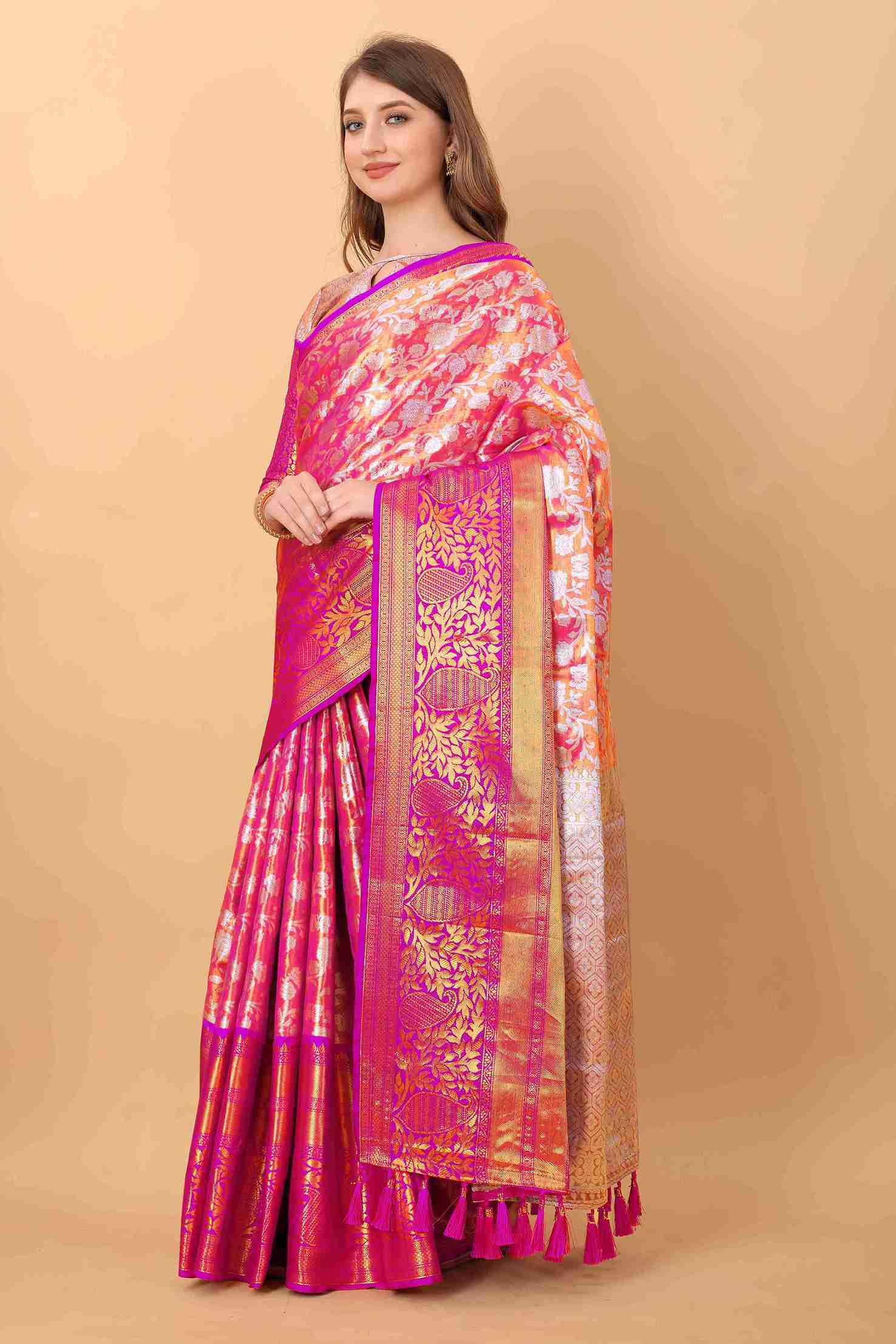 Pink Soft kanjivarm Silk Saree Zari Wooven  Pallu Zari weawing With Blouse Piece