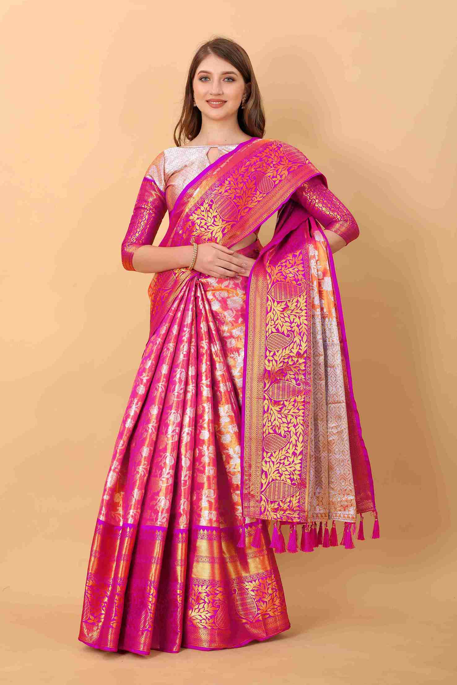 Pink Soft kanjivarm Silk Saree Zari Wooven  Pallu Zari weawing With Blouse Piece