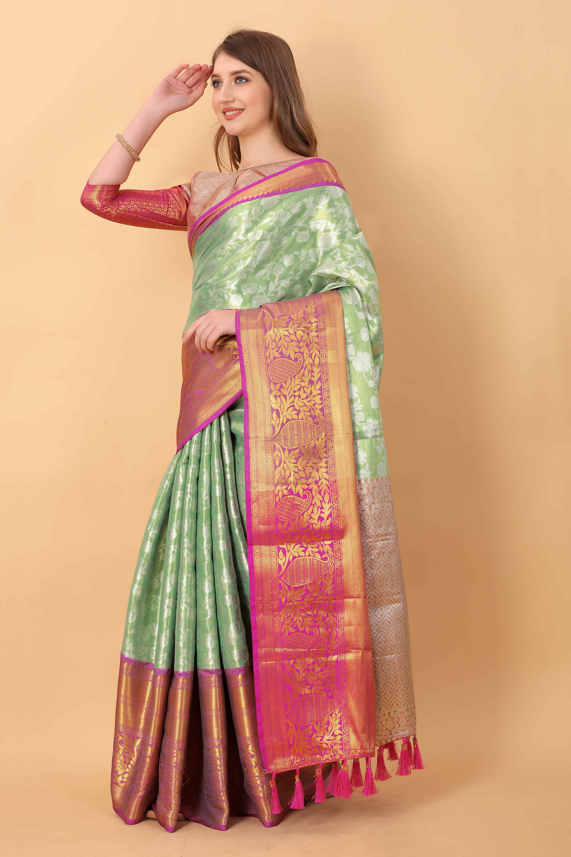 Pista Soft kanjivarm Silk Saree Zari Wooven  Pallu Zari weawing With Blouse Piece