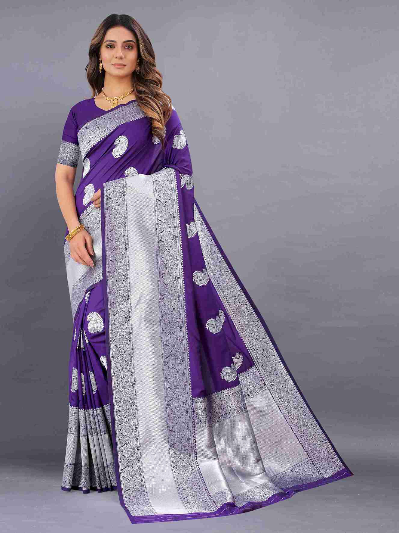 Purple Soft kanjivarm Silk Saree Zari Wooven  Pallu Zari weawing With Blouse Piece