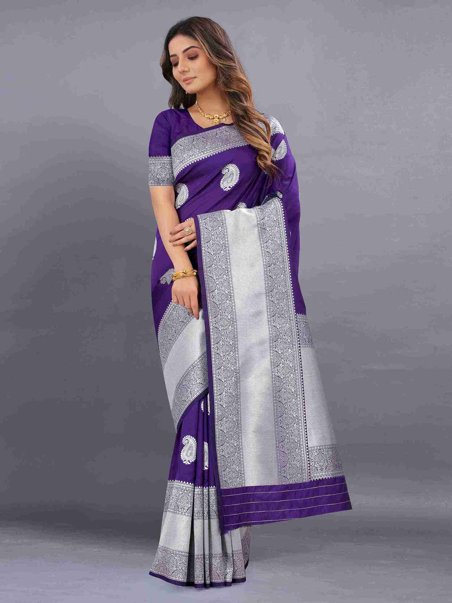 Purple Soft kanjivarm Silk Saree Zari Wooven  Pallu Zari weawing With Blouse Piece