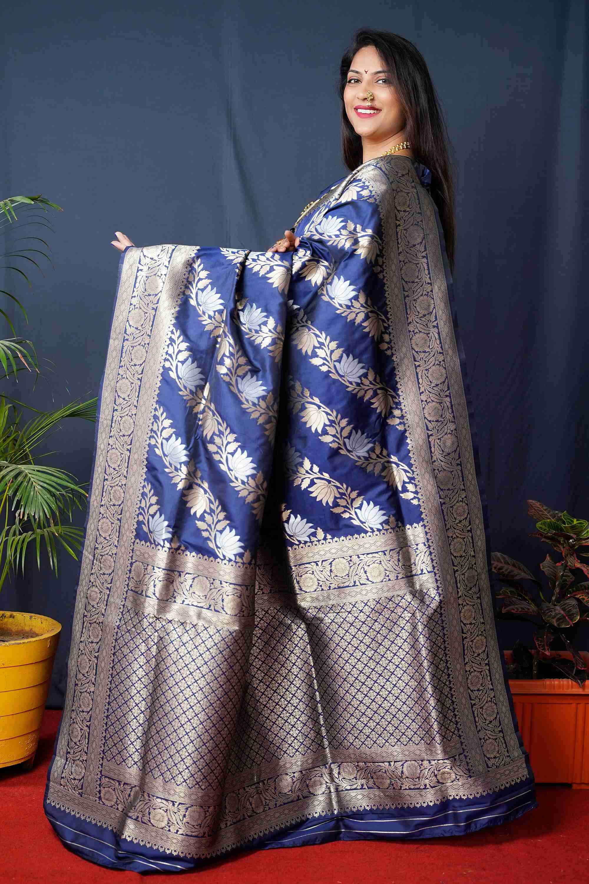 Navy Blue Soft Banarasi Silk Woven Zari Saree With Blouse Piece