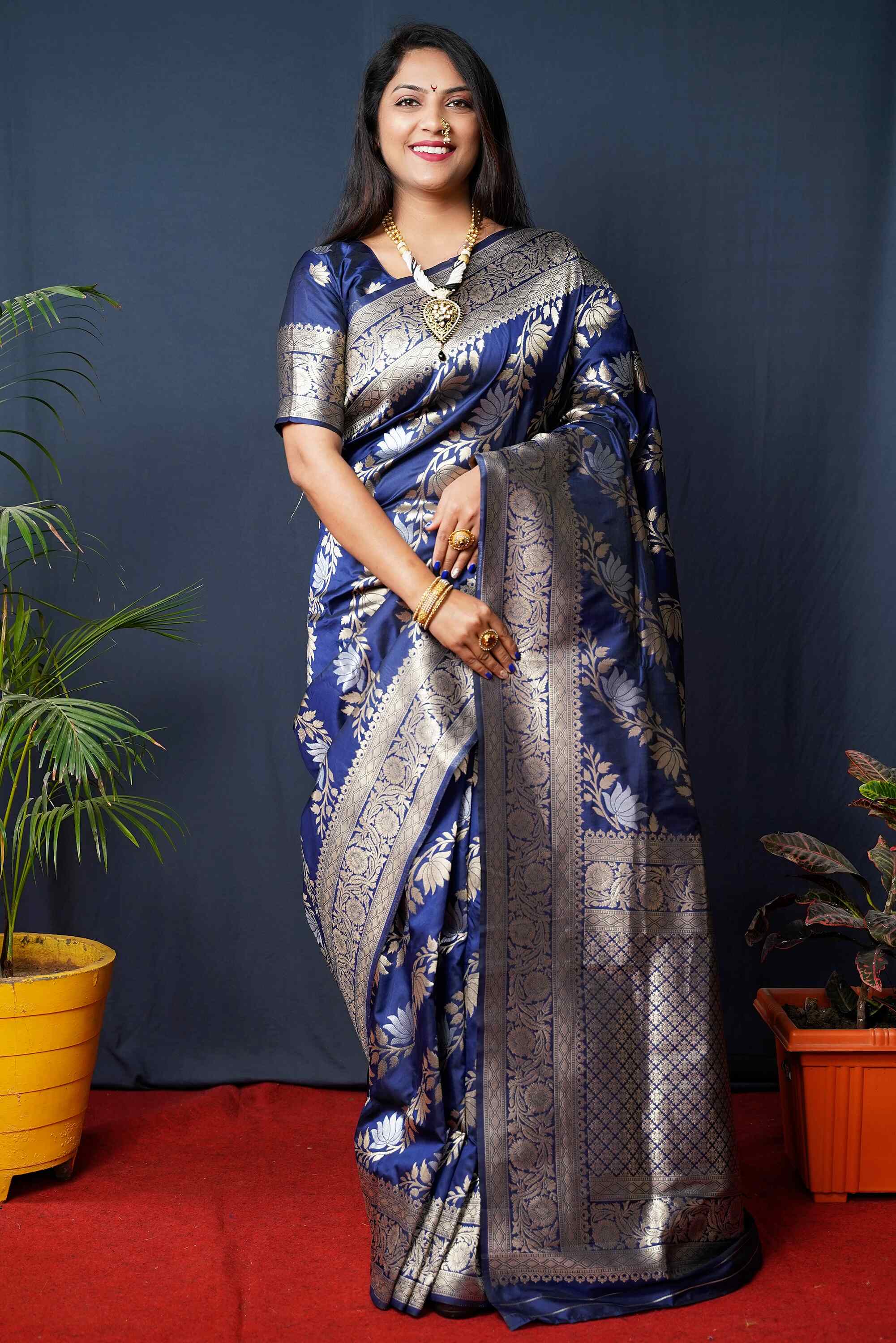 Navy Blue Soft Banarasi Silk Woven Zari Saree With Blouse Piece