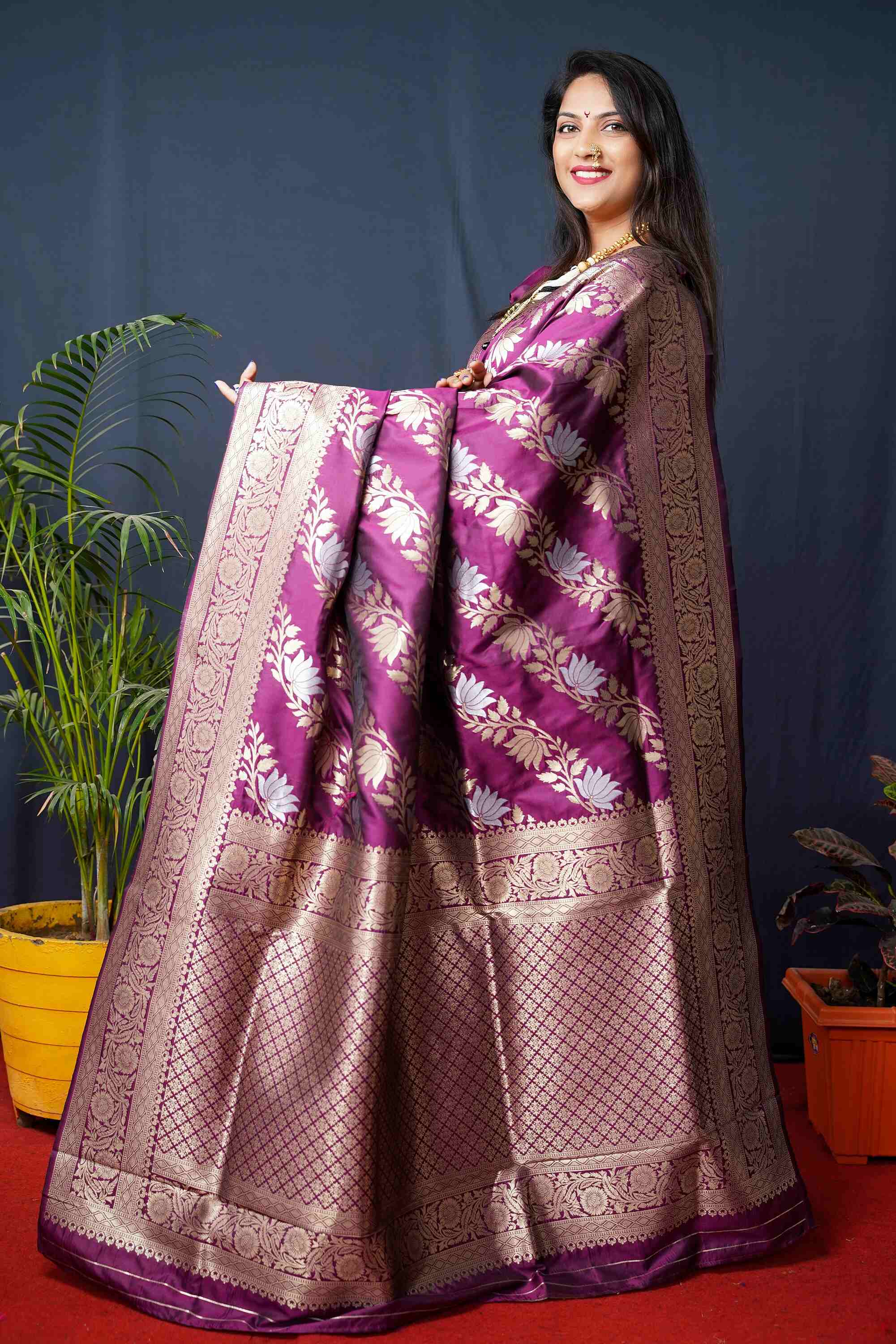 Purple Soft Banarasi Silk Woven Zari Saree With Blouse Piece