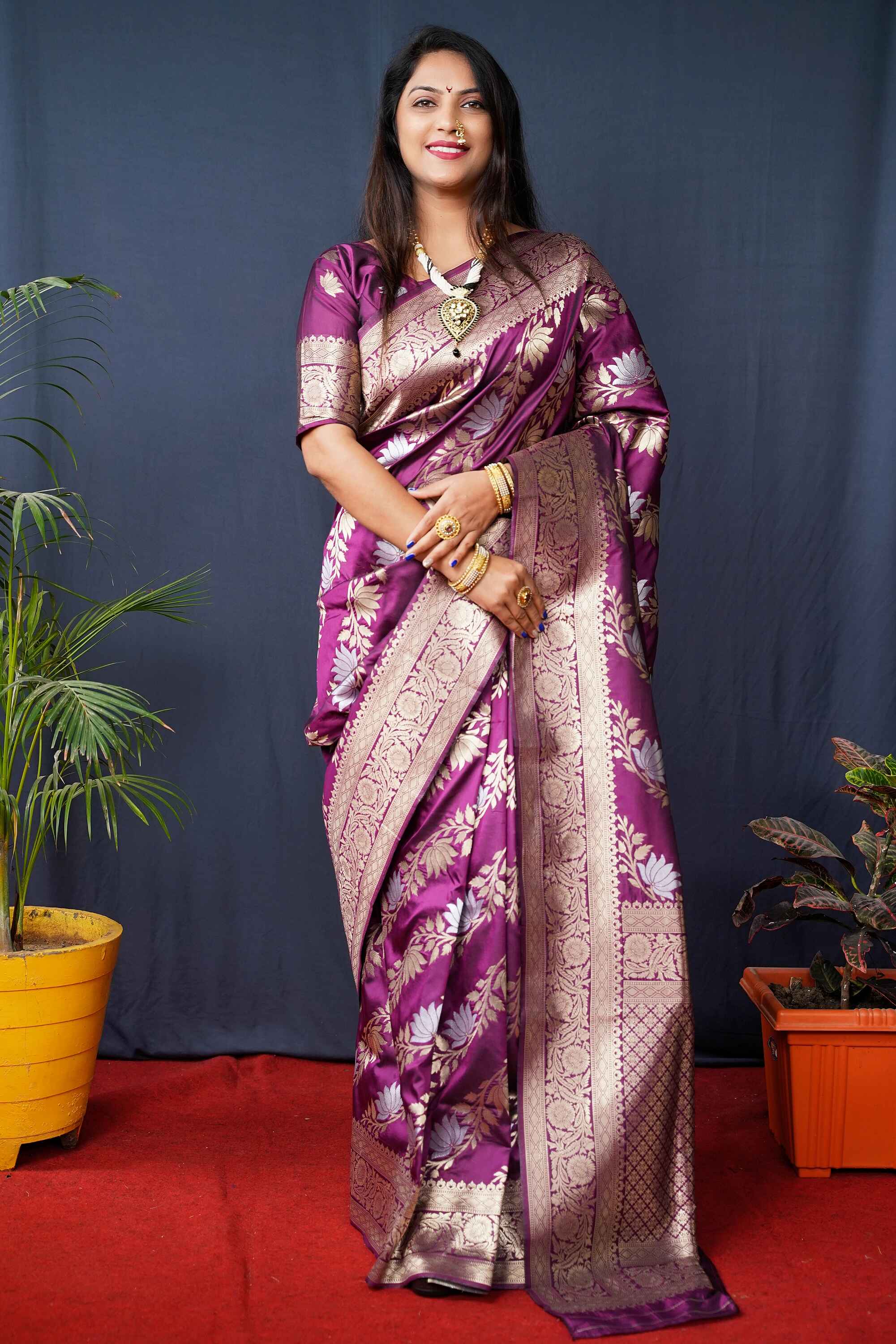 Purple Soft Banarasi Silk Woven Zari Saree With Blouse Piece