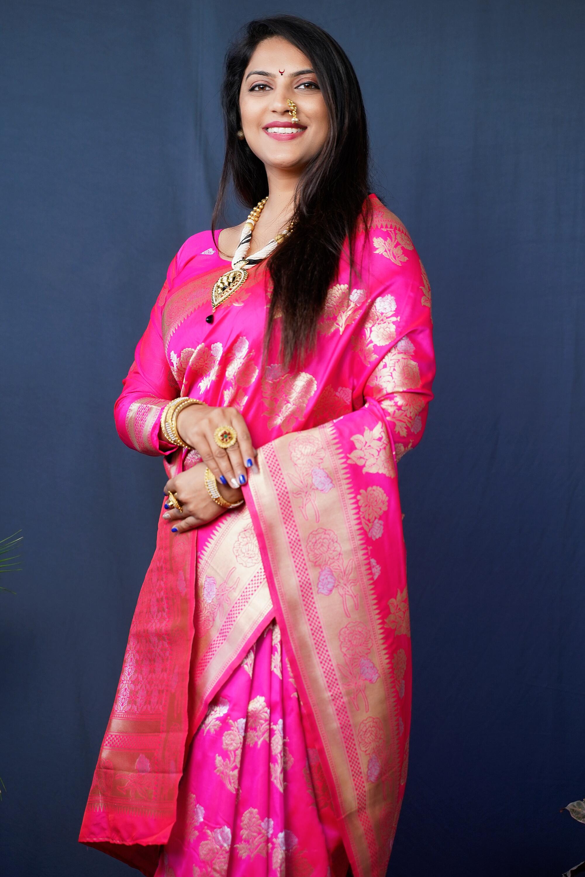 Dark Pink Kanjivaram Silk Woven Zari Saree with Blouse Piece