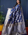 Navy Blue Kanjivaram Silk Woven Zari Saree with Blouse Piece