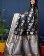 Black Kanjivaram Silk Woven Zari Saree with Blouse Piece