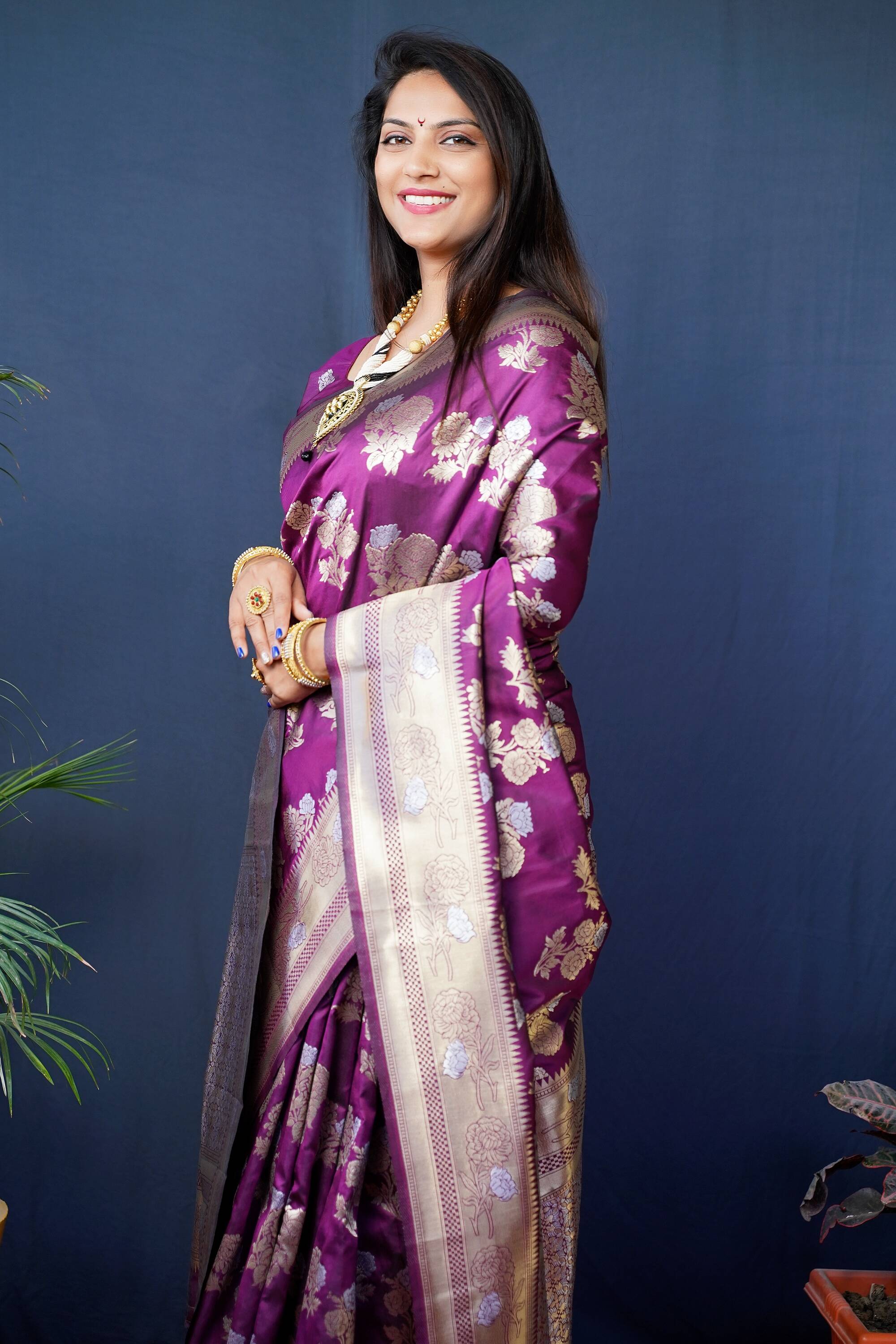 Purple Kanjivaram Silk Woven Zari Saree with Blouse Piece