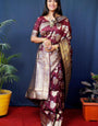 Wine Kanjivaram Silk Woven Zari Saree with Blouse Piece